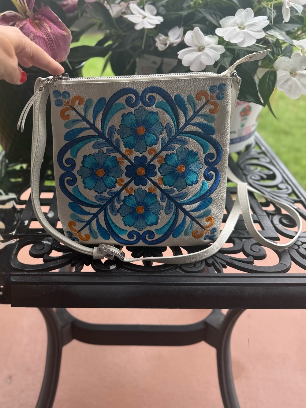 “Brighton Casablanca Garden Blue Floral Embroidered Leather Crossbody”
